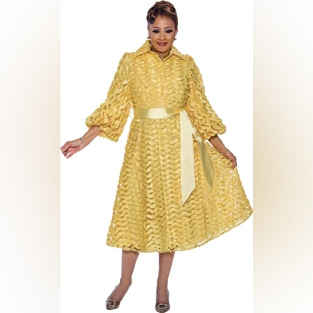 Dorinda Clark Yellow A-Line Long Sleeve Dress with Bishop Sleeves